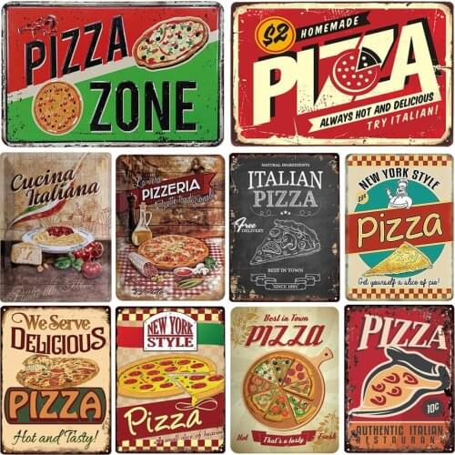 Pizza Sign Retro Metal Tin Plate Painting Vintage Kitchen Metal Poster Wall Decor For Pizzeria Dining Room Restaurant Decoration