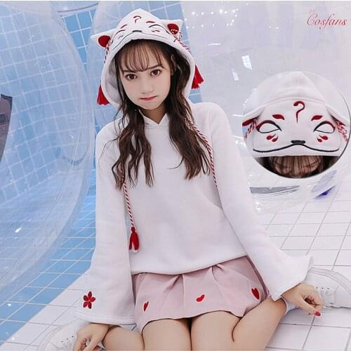 Japanese Cute Street Fashion Women Hoodies Harajuku Kawaii Fox Ear Hooded Sweatshirt Sakura Embroidery Plus Velvet Pullover Tops