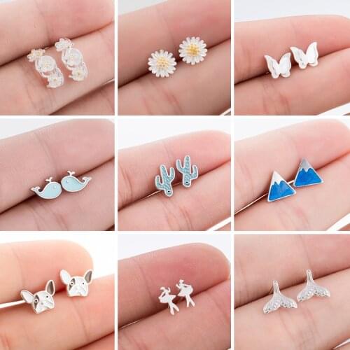 2020 Korean Sunflower Ballet Stud Earrings for Women Dog Whale Butterfly Mountain Cactus Earring Fashion Wedding Jewelry Gifts