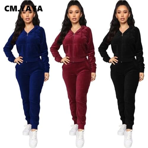 CM.YAYA Active Velvet Womens Set Hooded Track Jacket Jogger Pants Set Sporty Matching Set Tracksuit Fitness Two Piece Outfit