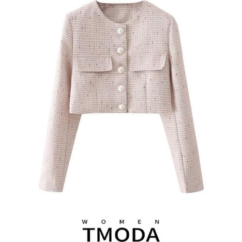 TMODA1432 2021 Summer Za Women Plaid Tweed Pearl Buttons Crop Coat Lady Vintage Pocket Jacket Fashion Female Casual Chic Tops