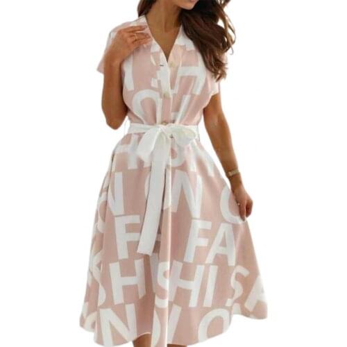 Summer Dress Elegant Women Letters Print V Neck Summer Short Sleeve Buttons Belt Sundress Wedding Cocktail Party 2021 Vestidos