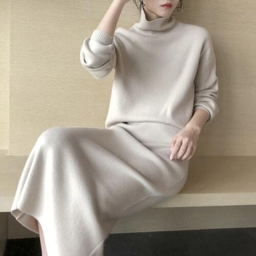Women Knitted Skirt Set Autumn Winter Turtleneck Loose Warm Sweaters + High Waist Long Bodycon Skirt Suits Ladies 2 PCS Outfits