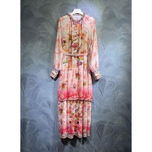 New Autumn Luxury Floral Printed Women Belt Dresses Full Sleeves Good Quality Ruffles Lady Party Dress Clothes Size XL L