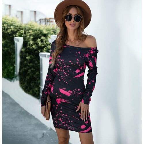 New Autumn Sexy Off Shoulder Bodycon Dress Women Casual O-neck Long Sleeve Splash Ink Printing Elegant Dresses For Women 2021