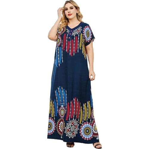 Casual Plus Size Blue Print Arabic Long Dress To The Floor Skirt Suits For Women Summer Tall Female Robe Muslim Short Sleeve