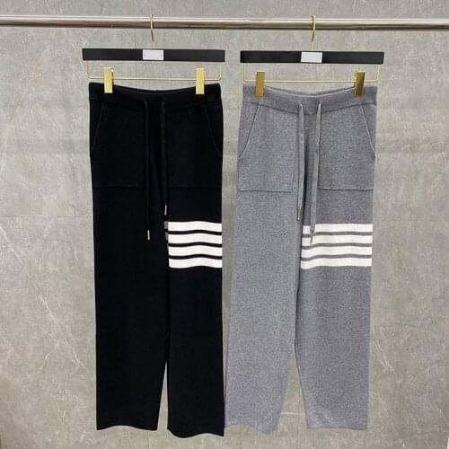 2021 Fashion Brand Ankle-Length Pants Women Casual Striped Wide Leg Pants Loose High Waist Autumn Winter Knitted Pants