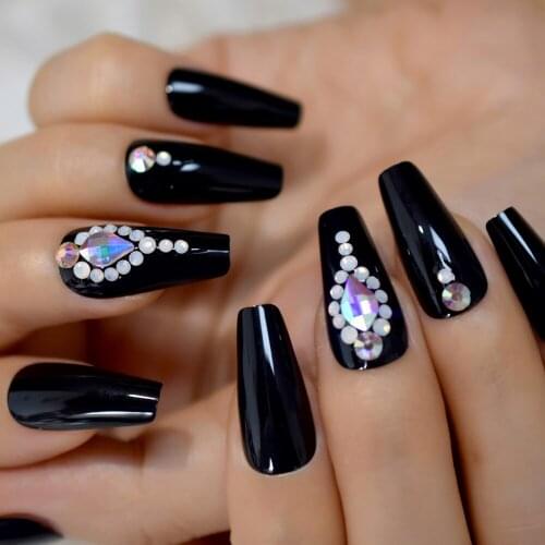 24pcs Coffin AllBlack NAils Butterfly Nails With Design Diamond Wholesale Full Cover Nails Gels Nails Medium