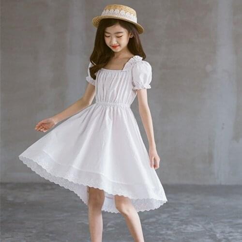 White Lace Ruched Cute Girls Dress Puff Sleeve Dovetail Fashion Teen Kids Cotton Dresses 2021 Children Summer Clothing,#6304