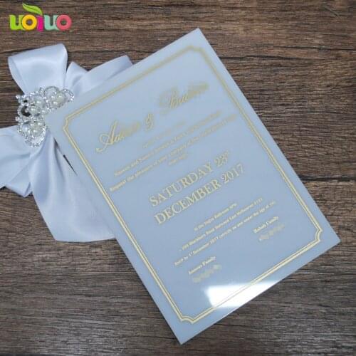 50pcs favorate wedding favor white acrylic invitation card with gold words printing elegant wedding invitation card luxury