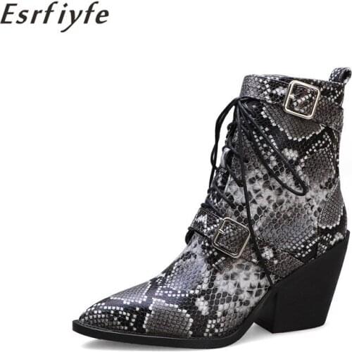 ESRFIYFE 2020 New Autumn Fashion Women Ankle Boots Pointed Toe Western Cowboy Boots Women Chunky Boots for Ladies Lace-Up Shoes
