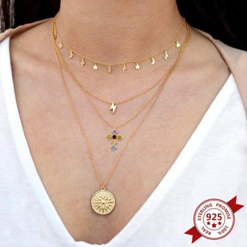 1PC 925 Sterling Silver Cross Pendant Necklace for Women Rainbow Cross Crystal Pendant Choker Necklaces Fashion Jewelry Gifts