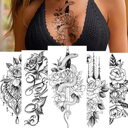 Black Flower Snake Diamond Rose Waterproof Temporary Tattoo Body Art Arm Leg Sleeve Sticker Water Transfer Girl Women Decoration