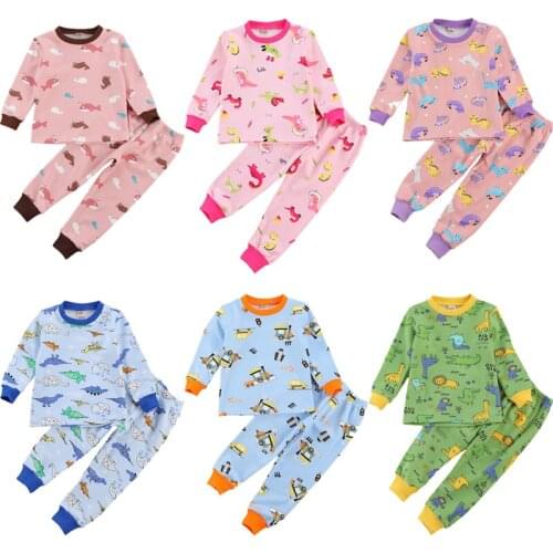 Kids Boys Girls Pajama Suit Autumn Spring Long Sleeve Round Neck Warm Tops Long Pants with Carton Patterns for Autumn and Spring