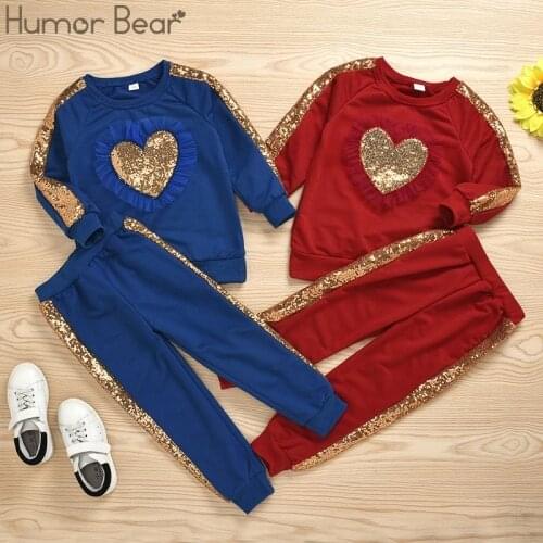 Humor Bear FashionNew Autumn Children Baby Girls Clothing Sets Long Sleeve Love Sequin T-shirt+Pants 2PCS Cotton Kids Clothes