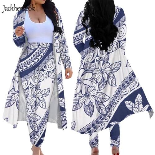 Jackherelook African Floral Polynesian Plumeria Flower Print Plus Size 2 Piece Long Cardigan Tight Skinny Bodycon Pants Suit