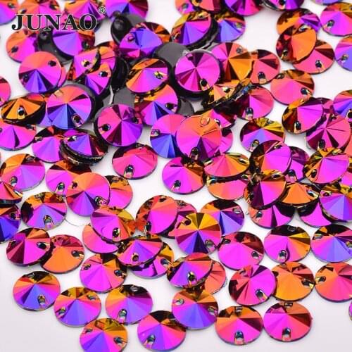 JUNAO 10 12 16 18mm Sewing Rose AB Rivoli Rhinestone Stone Applique Sew On Resin Crystal Flatback Strass Diamond for Needlework
