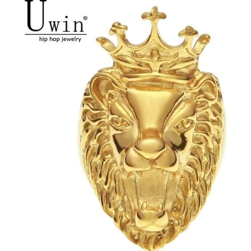 UWIN HIP HOP Stainless Steel Crown Lion Head Ring Rock Punk Gold Men Animal Rings Fashion Men Style Vintage Jewelry
