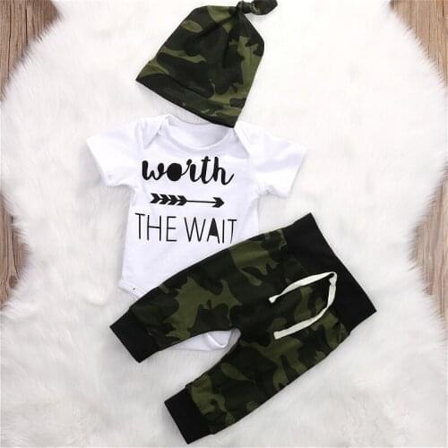 3Pcs Newborn Baby Boys Summer Clothes Infant Short Sleeve Romper Tops +Camouflage Long Pants +Hat Cotton Baby Outfits