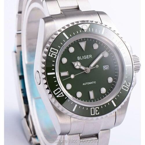 BLIGER 43mm Big green Ceramic Bezel Date Day green dial Steel strip automatic mens watches
