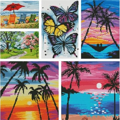 DIY Cross Stitch Kit Landscape Picture Beach Tree Butterfly Flowers Embroidery Home Decoration Wall Painting Handmade Gift