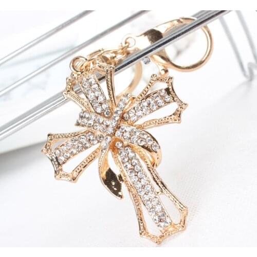 New Arrive Cross Flowers Crystal Rhinestone Charm Pendant Purse Bag Car Key Ring Chain Creative Wedding Party Gift