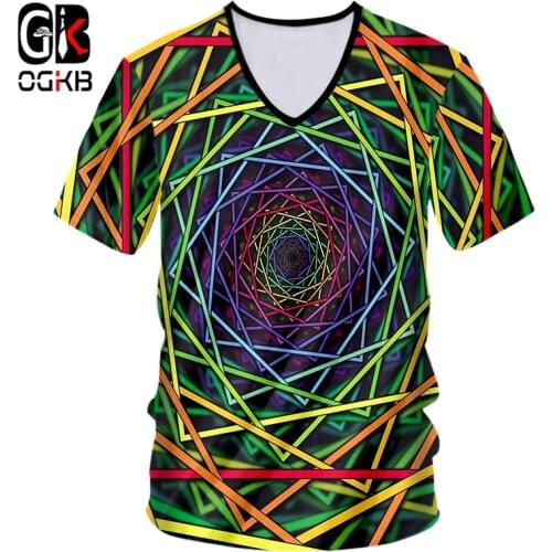 OGKB Unisex Hiphop Streetwear Casual Tshirt Mens Summer Tops Funny Print Geometric Colored Lines 3D V Neck T-shirts Dropshiping