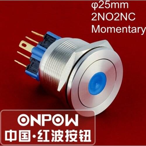 ONPOW 25mm 2NO2NC Momentary 12V 24V 220V LED Dot illuminated Stainless steel Push Button Switch (GQ25PF-22D/B/12V/S) CE,ROHS