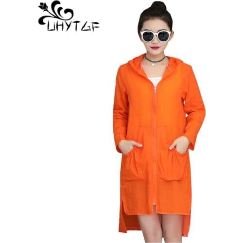 UHYTGF Beach thin summer Sun protection clothing Loose plus size coat Long sleeve hooded Anti-UV Breathable long coat Women 1433