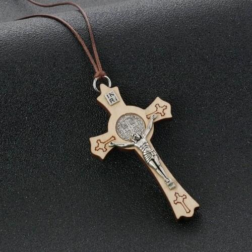 Religious Natural Wood Saint Benedict Crucifix Cross Pendant Necklace for Men Adjustable Leather Rope Chains CSPB INRI Jewelry