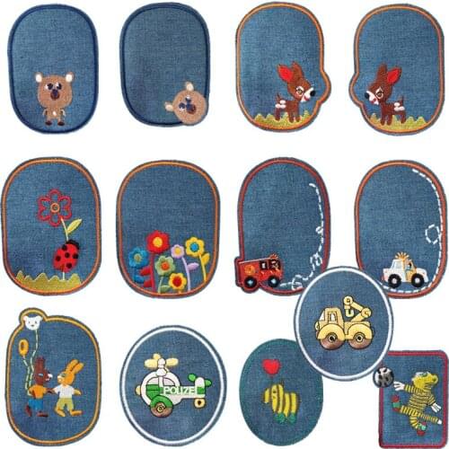 Fawn Car Cartoon Embroidered Patches Iron on Patch for Child Clothes Ellipse Rabbits Appliqued Jeans Knee DIY Repair Hole