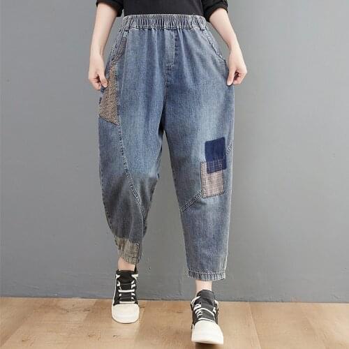 Women High Waist Casual Jeans New Arrival 2021 Autumn Simple Style Vintage Patch Loose Female Ankle-length Denim Pants B846