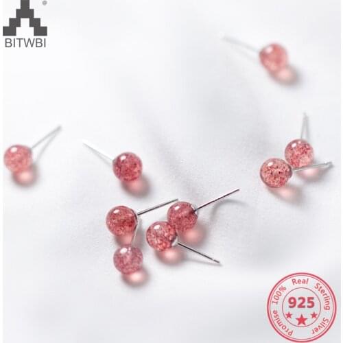 100% 925 Sterling Silver Strawberry Crystal Strawberry Quartz Beads Stud Earrings For Women Simple Style Lady Jewelry
