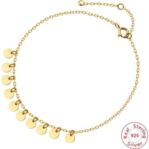100% 925 Solid Real Sterling Silver Bracelet Women Gold Round Wafer Tassel Bracelet 16cm For Teen Bestfriend Wife Daughter