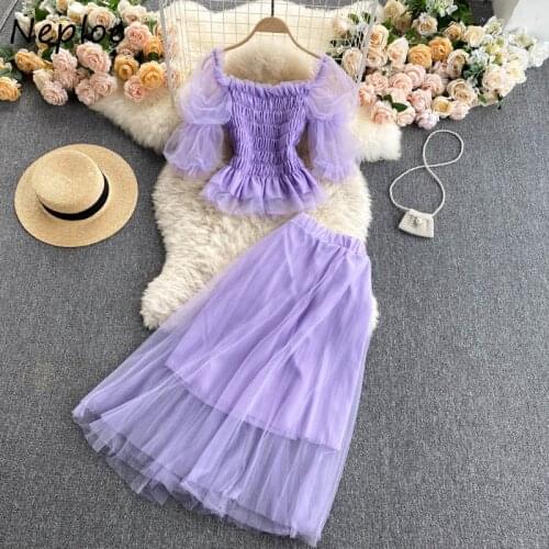 Temperament Mesh Slim 2 Pcs Women Set Sqaure Collar Short Sleeve Pleat Shirt + High Waist Hip A Line Skirt Summer Suit
