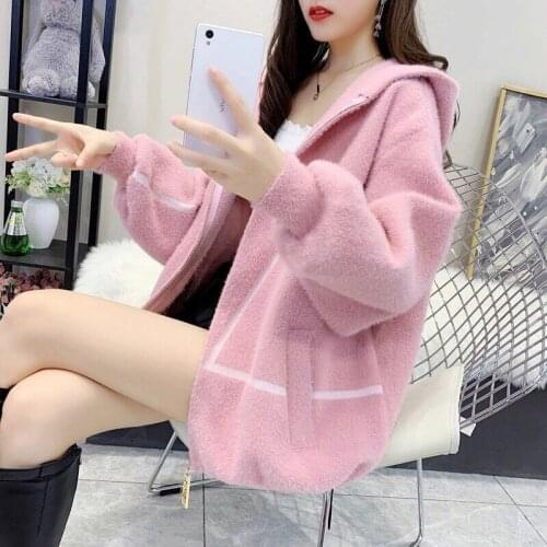 Imitation Mink Velvet Jacket Hooded Women 2021 New Spring Autumn Sweater Loose Plus Size Knitted Cardigan Windbreaker Outwear
