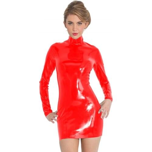 Plus 3XL 4XL 5XL 6XL Women Sexy PVC Mini Dress Long Sleeve Sheath Dress Shiny Party Cosplay Clubwear Back Zipper Bodycon Vestido