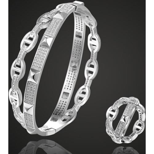 Zlxgirl brand copper Cubic Zircon wedding Bangle with ring jewelry sets women gold color bangle Jewelry sets free shipping