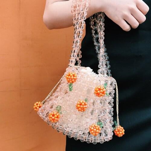2021 Acrylic Beaded Woven Hand-Made Mini Women Orange Soda Strawberry Water Lake Blue One-shoulder Hollow Out Handbag Tote