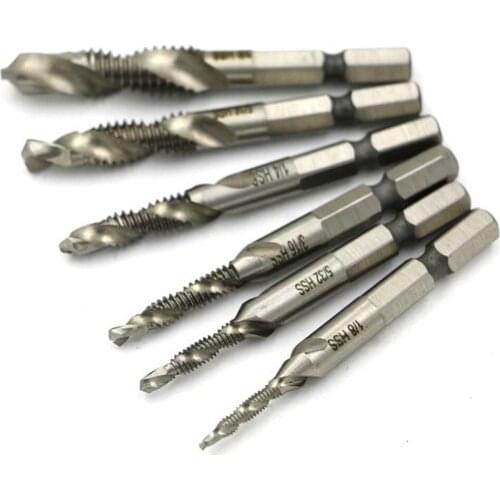 6Pcs/Set 1/4 High Speed Steel Hex Shank Hand Spiral Screw Thread Taps Cutting Woodworking Wood Metric Drill Bits Set