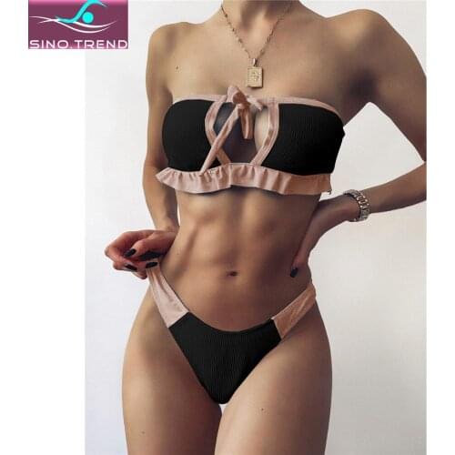 Frilled Splicing Bandeau Cut Out Bikini Set Female Lettuce Patchwork Swimsuit Women Swimwear Two-pieces Bather Bathing Suit