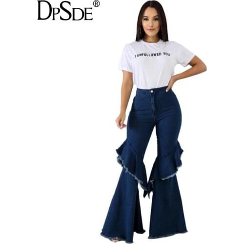 DPSDE Deep Blue Autumn Casual Long Pants In The Waist Collar Waist Falbala Denim Pants New 2020 Zipper Show Thin Flared trousers