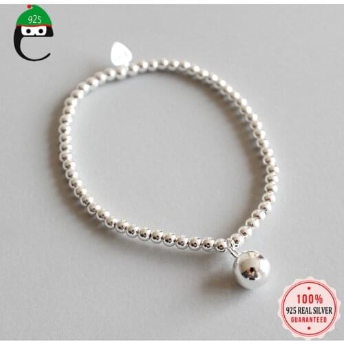 ElfoPlataSi Genuine 925 Solid Sterling Silver 3mm Beads Chain 8mm Ball Elastic Bracelet For Women Wife Girls Lady Gift DS2274