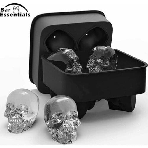 3D Skull Flexible Silicone Ice Cube Mold Tray, Makes Four Giant Skulls, Round Ice Cube Maker, Black