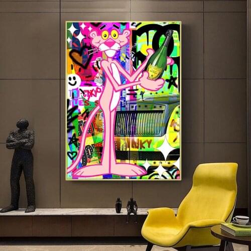 Graffiti Art of Pink Panther Escape from the Earth Canvas Paintings on the Wall Art Prints Abstract Street Animal Art Home Decor