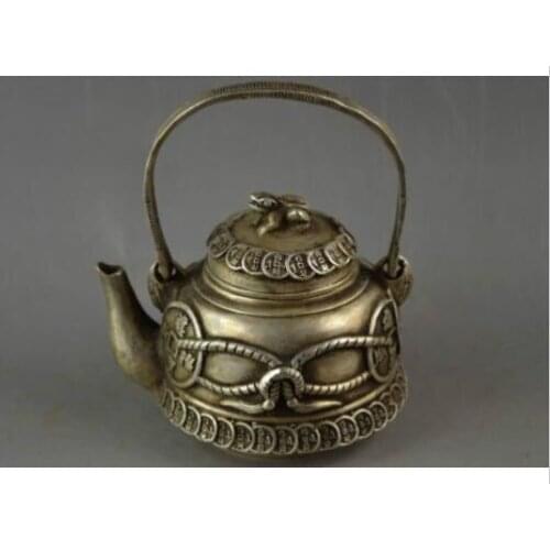 Decoration white Copper silver factory outlets Chinese Old Handwork Miao Silver Carve Coin & Frog Lid Get Rich Auspicious Teapot