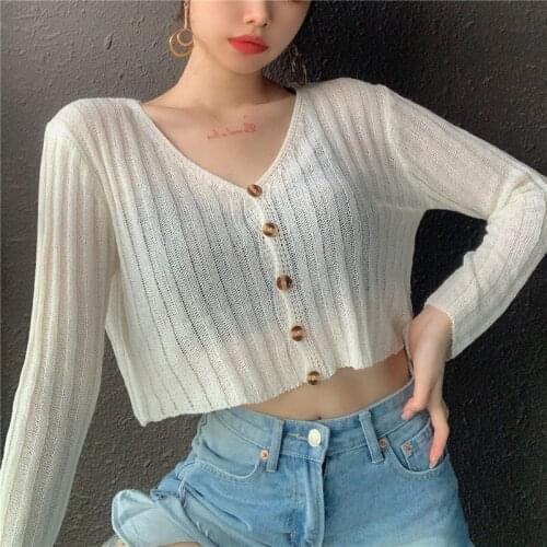 Cardigan Women Knit Solid Top Simple Female See-Through Tops Sun Protection Shirt 2021 Casual Summer Tops Loose Elegant Tops