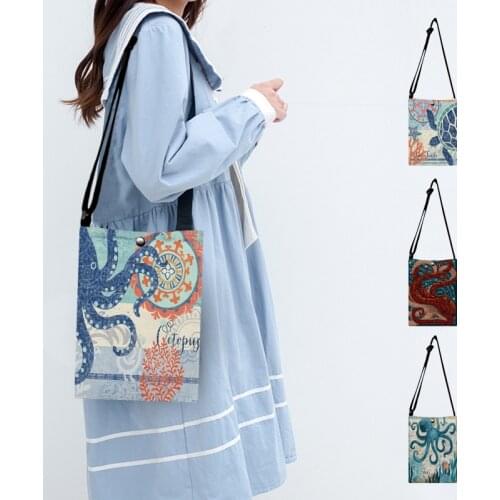 2021 Summer New Beach Small Shoulder Bag Retro Seahorse Turtle Octopus Print Mini Messager Bags Handbags Tote Girls Gift School