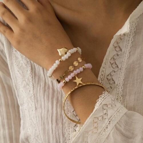 Multi-Combined Metal Cuff Sequins Beads Strand Lady`s Heart and Star Charms Bracelets Set Jewelry