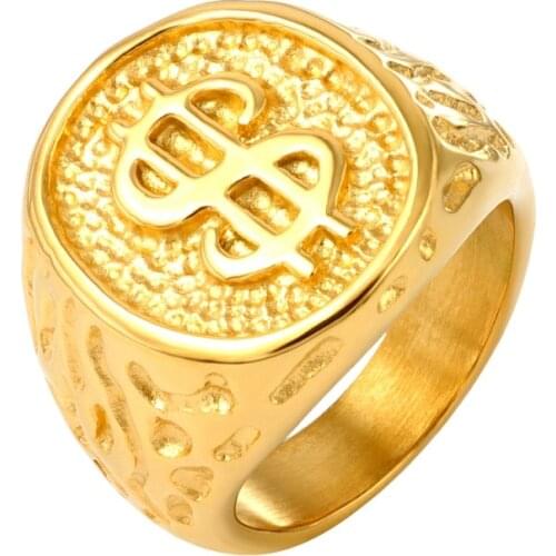 Classic Gold Color US Dollar Sign Mens Rings Stainless Steel Vintage Square Rings For Men Luxury Brand Jewelry